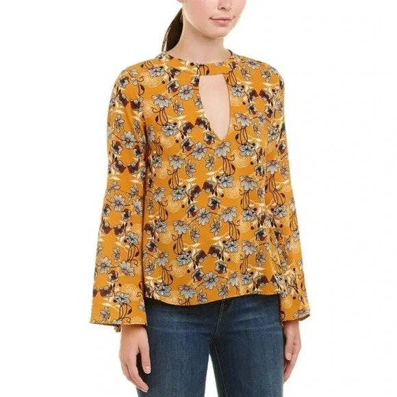 𝅺PPLA yellow bell long sleeve floral‎ mod blouse size M - Picture 2 of 13